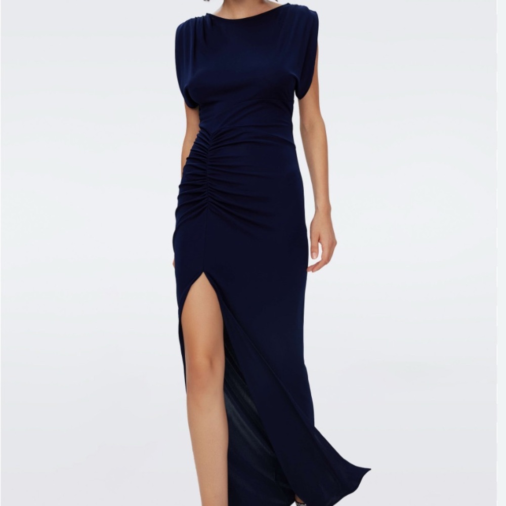 Diane Von Furstenberg Gertrude Navy Ruched Dress Med